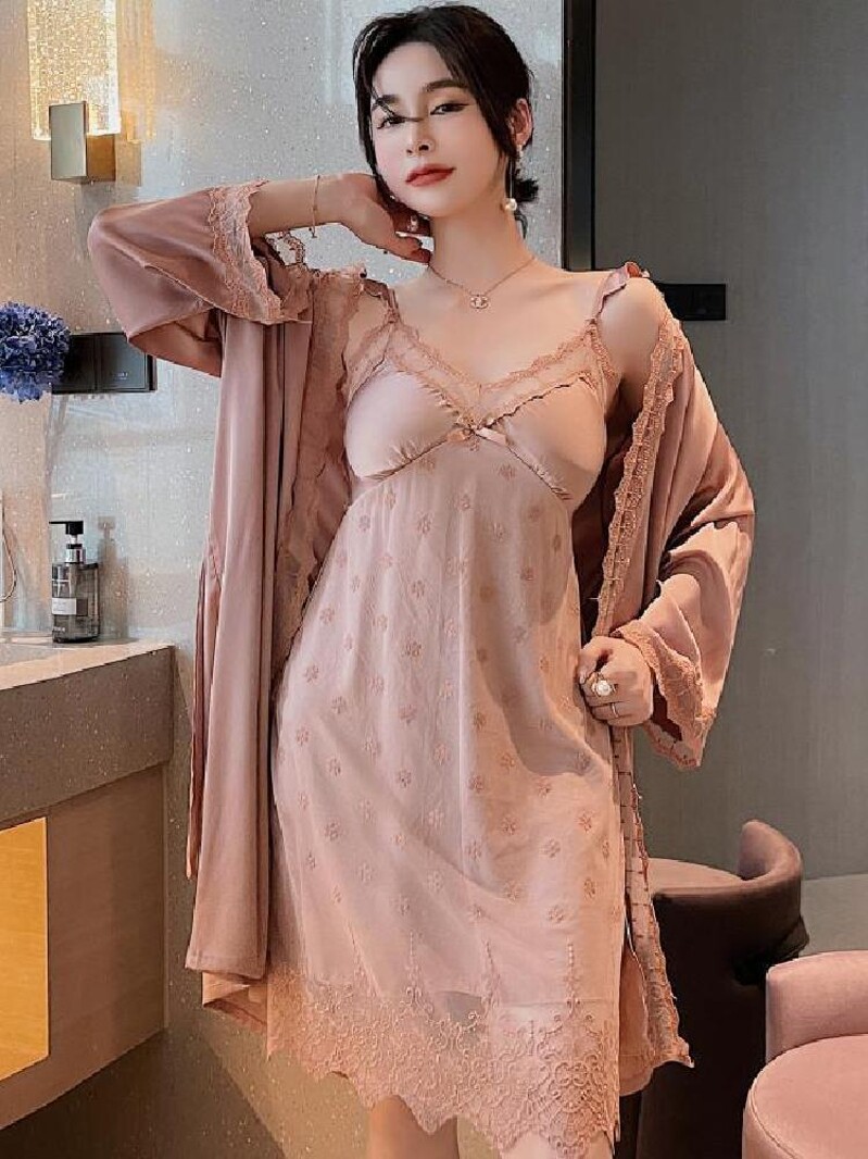 NIGHTDRESS 여성 여름 얇은 봄 가을 얼음 실크 2024 새로운 서스펜더 투피스 잠옷 잠옷