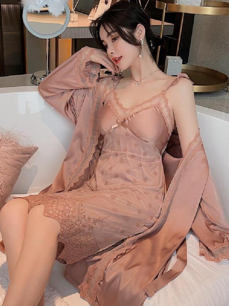 NIGHTDRESS 여성 여름 얇은 봄 가을 얼음 실크 2024 새로운 서스펜더 투피스 잠옷 잠옷