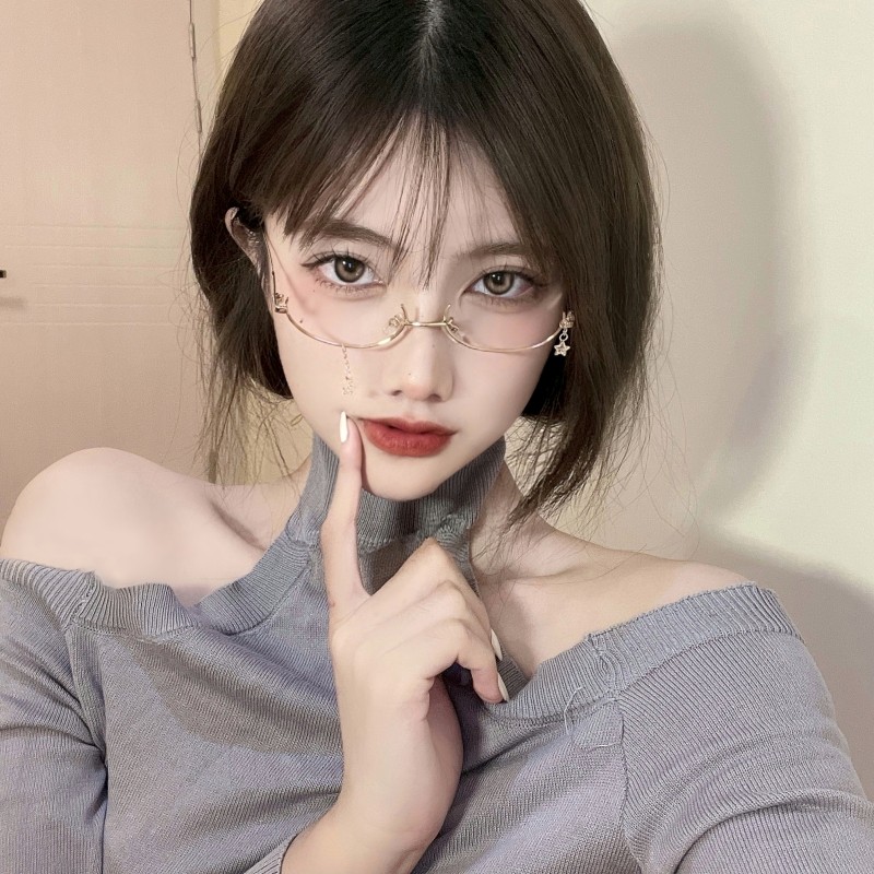 日系复古无上框眼镜金属合金材质 女装链条设计半框弧形装饰