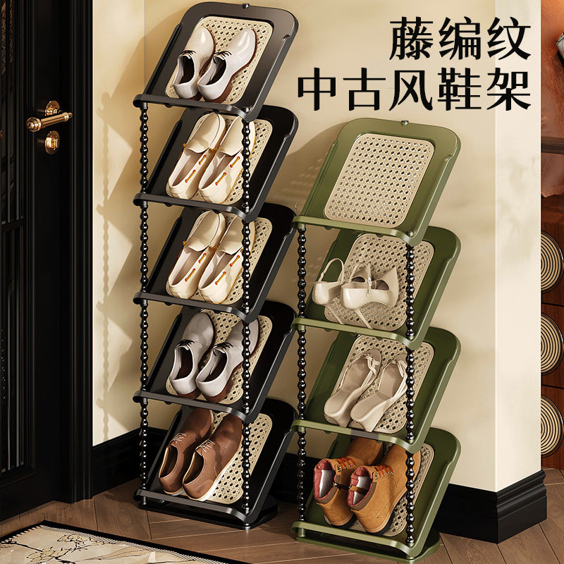 中古风鞋架藤编纹理多层家用门口入户小窄简易客厅鞋柜鞋子收纳架