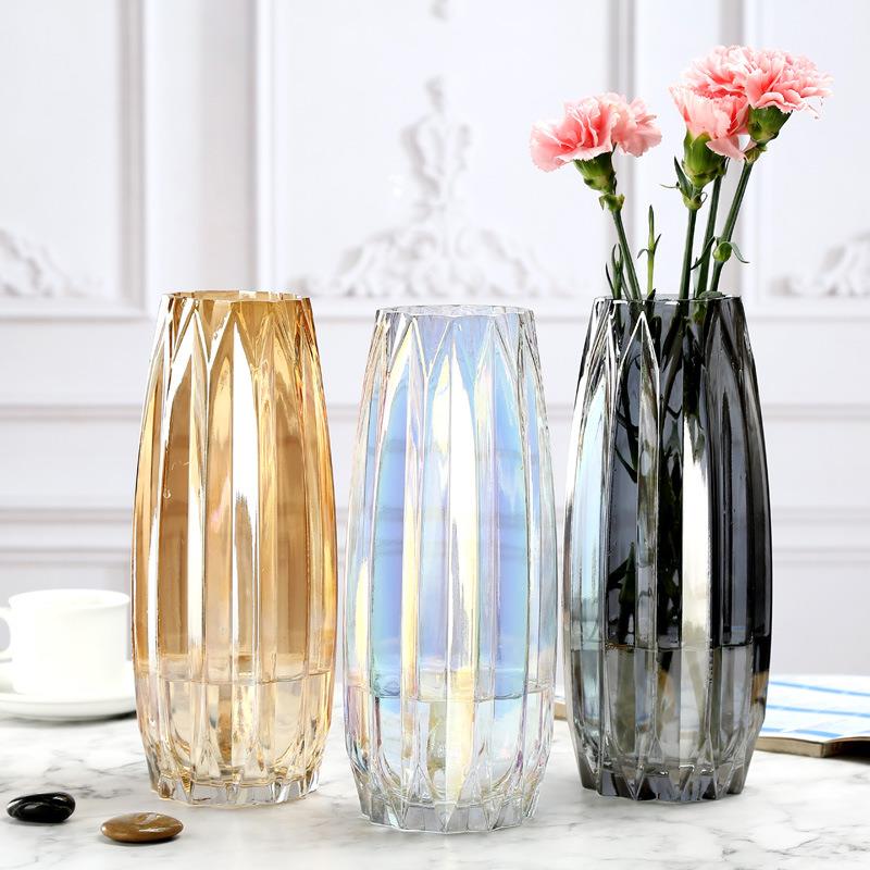现代简约电镀玻璃花瓶客厅插花水养干花 北欧创意摆件 竖棱插花器