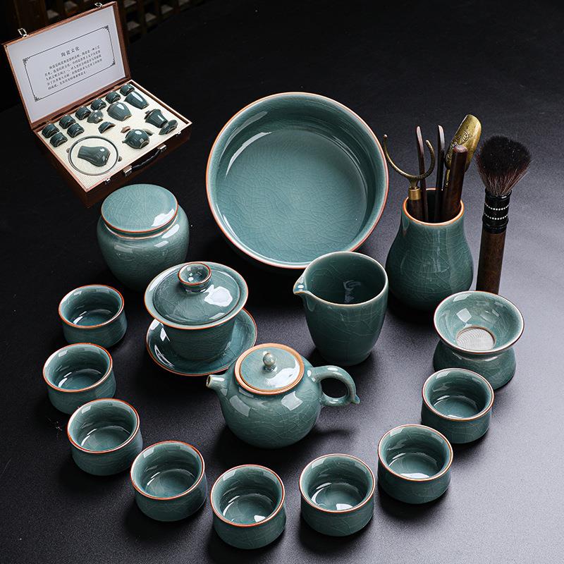 特色哥窑蜜色釉茶具套装蝉翼开片可养侧把壶功夫茶壶盖碗整套礼盒