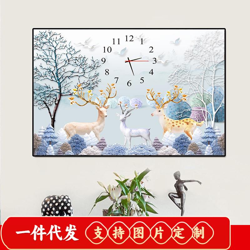 5d钻石画2019新款客厅发财麋鹿钟表点贴钻十字绣满钻石绣现代简约