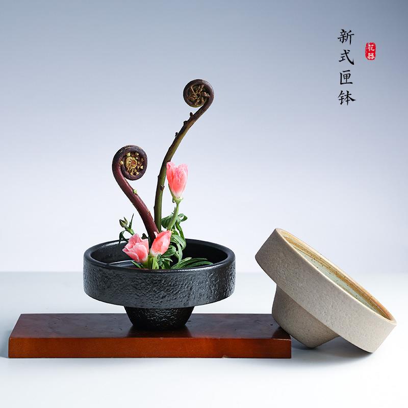 高脚小花器禅意中式日式插花器皿茶席复古陶瓷桌面摆件剑山插花器