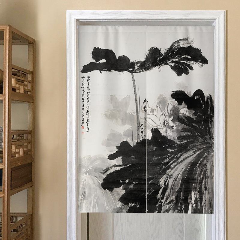 新中式水墨创意布艺门帘隔断帘免打孔厨房浴室遮挡帘防油风水帘子