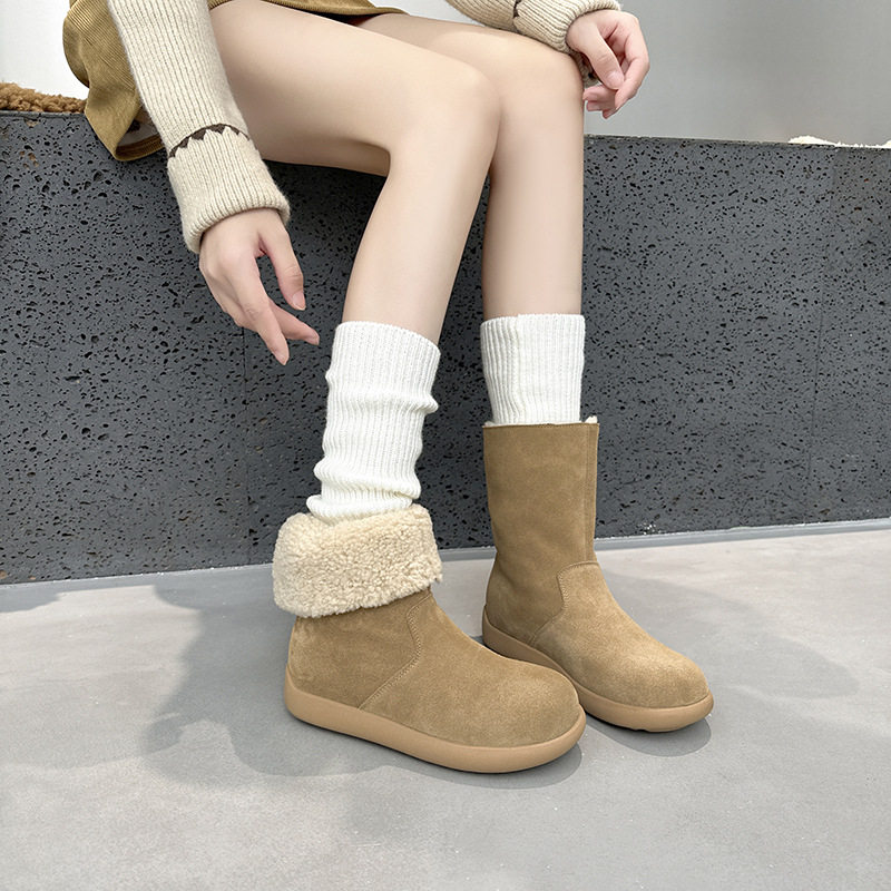 欧货2025年冬季新款纯皮加绒加厚马丁靴女平底网红两穿雪地靴女款