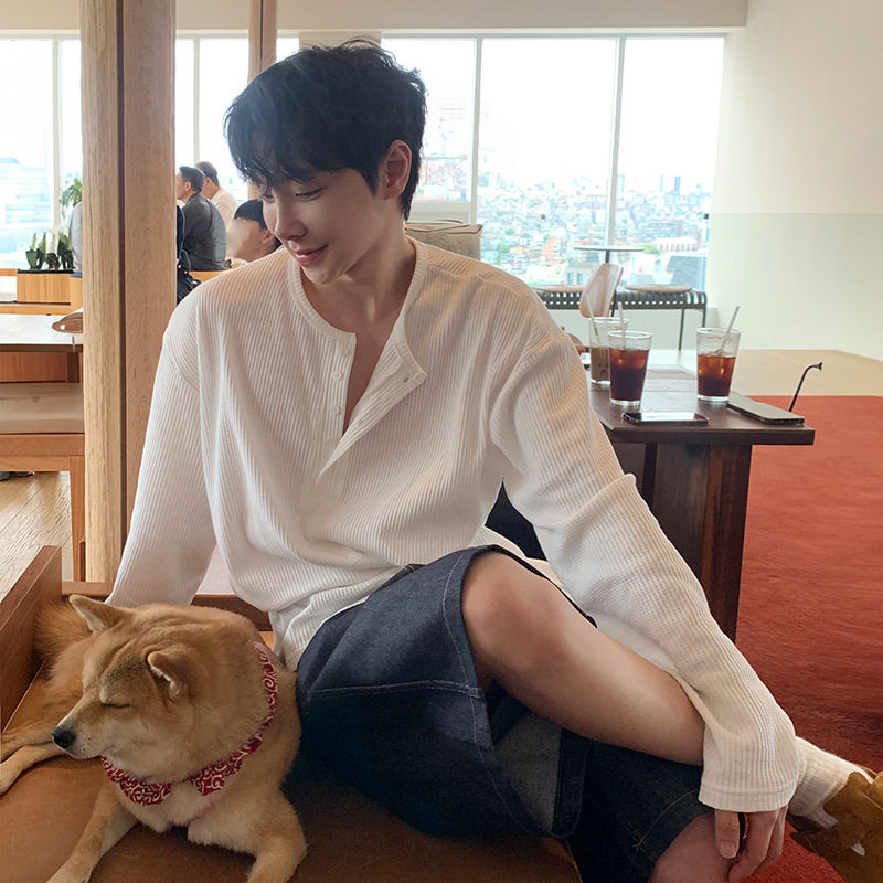 亨利领长袖T恤竖条纹男秋季新款休闲宽松韩版高级感简约时尚体恤