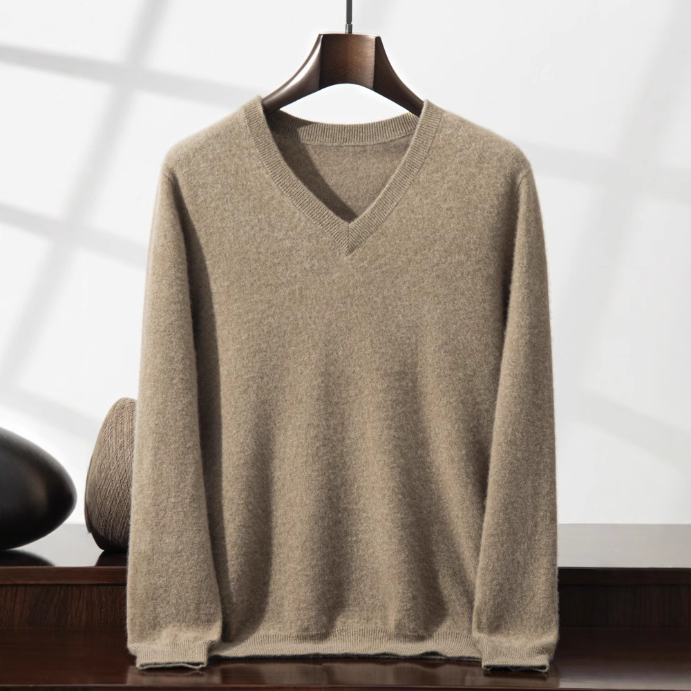 秋冬山羊绒衫男士商务休闲V领简约通勤配衬衫穿平面针织毛衣上衣