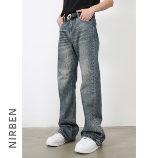 nirben牛仔|潮牌美式复古微喇直筒牛仔裤男宽松潮流百搭水洗长裤