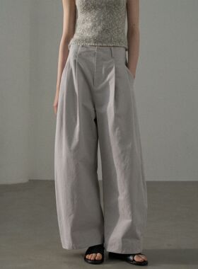 [共线]COLNE夏季新款高腰全棉磨毛弧形百搭宽松慵懒感休闲裤