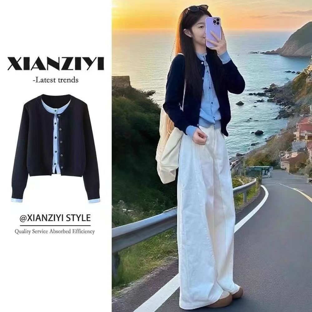 阿诗蜜韩系大红打底糖果色拼接假两件新款显瘦小众针织毛衣开衫女