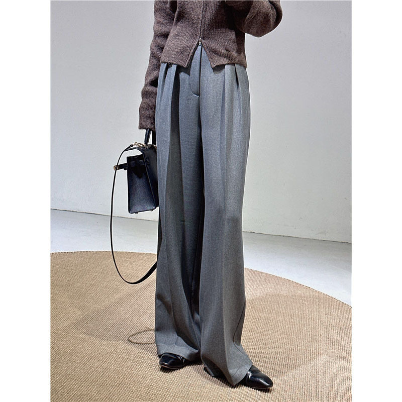 春秋冬新款高级灰色西装裤女老钱风阔腿裤气质通勤拖地直筒长裤