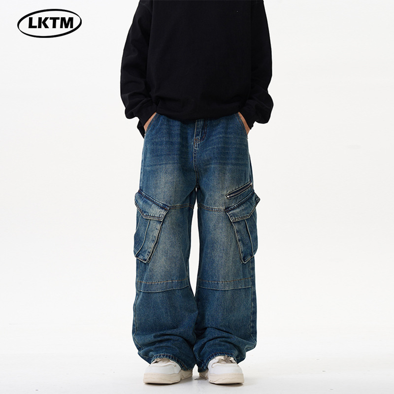 LKTM男装#美式街头拉链大口袋工装牛仔裤男女宽松嘻哈拖地阔腿裤