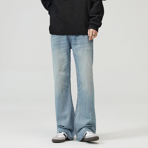 JIAMU美式复古浅蓝巴黎竹节弯刀baggy jeans微喇男士牛仔裤男女