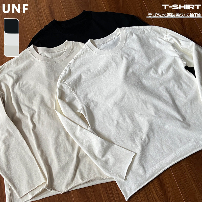 UNF叠穿神Tee卷边破坏打底长袖纯色纯棉美式vintage圆领长袖T恤