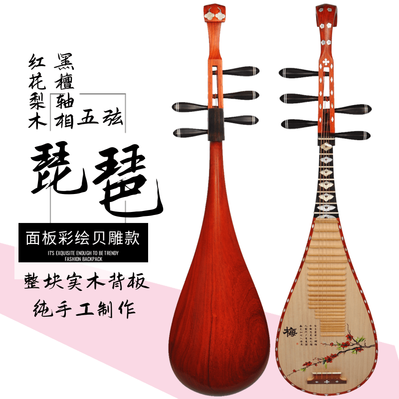 花梨木五弦琵琶专业演奏款黑檀相圈雕刻面板绘画成人儿童红木琵琶