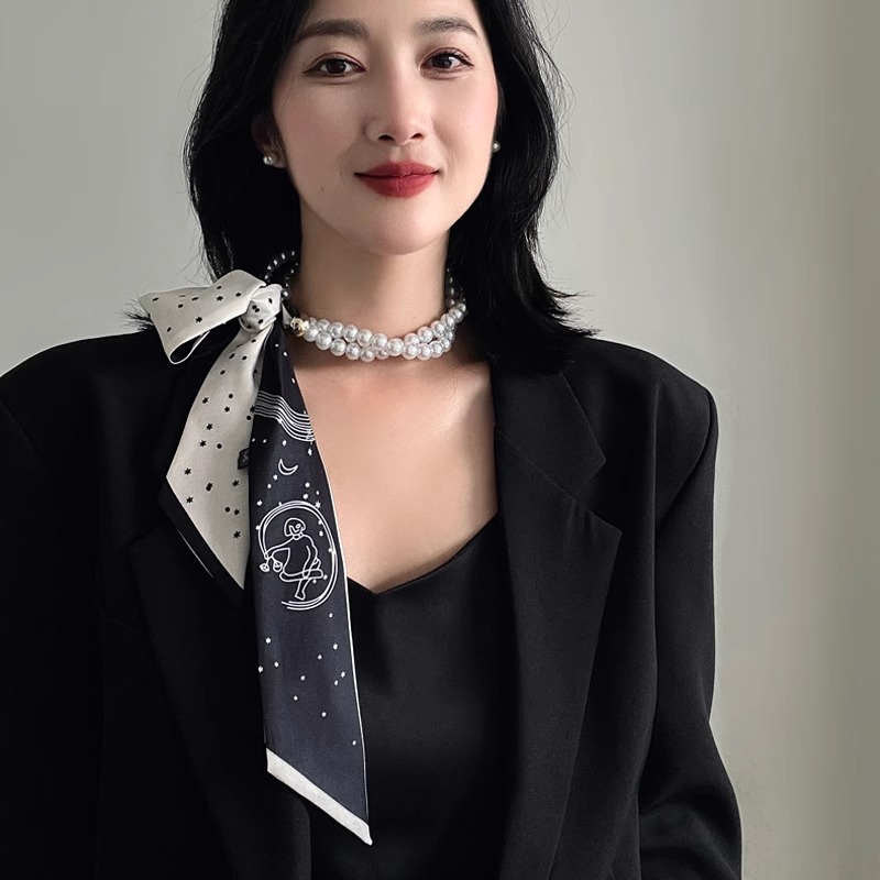 法式复古珍珠项链丝巾女百搭锁骨链丝带装饰发带领巾飘带配饰围巾