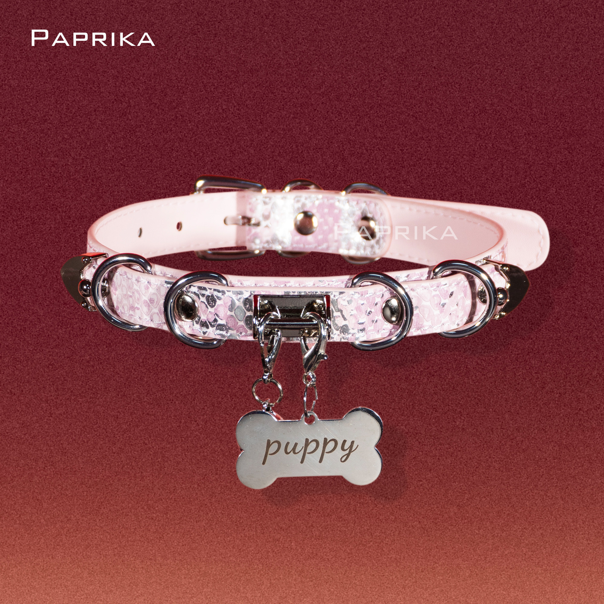 Puppy*粉色蛇纹铃铛项圈女choker男颈圈脖圈定制刻字情侣礼物图片