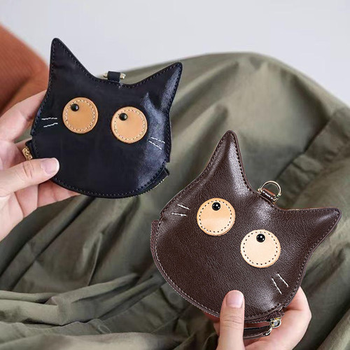 植鞣牛皮质感女士零钱包挂脖包卡通猫可爱耳机硬币迷你超薄小卡包