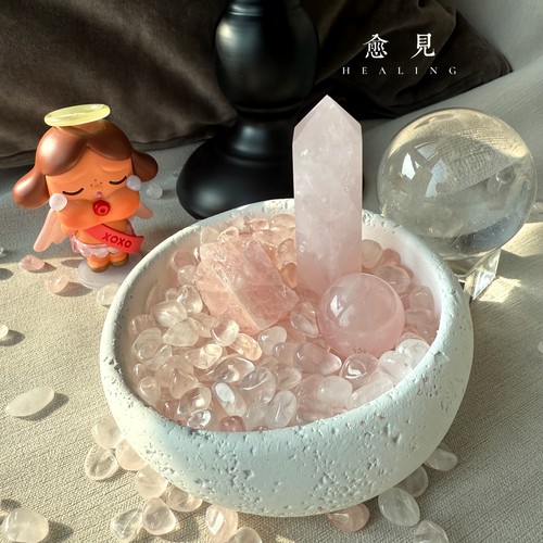 天然粉水晶爱心玉石能量高档摆件