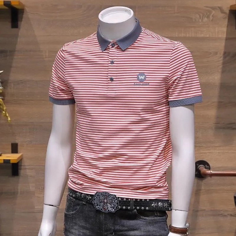 潮牌夏季短袖商务条纹衫刺绣冰丝图片