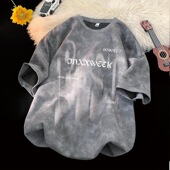 上衣青少年休闲短袖 潮流高街百搭印花半袖 做旧扎染T恤男夏季 美式