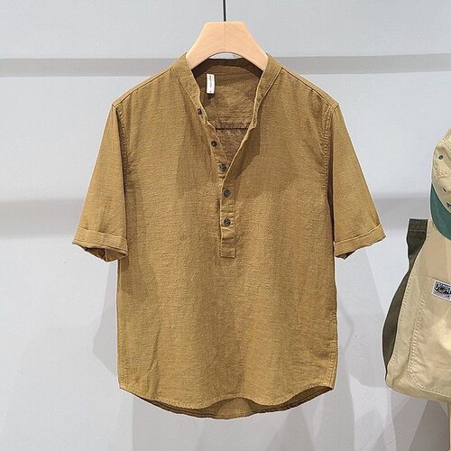 立领+亚麻+工装+简约+透气+衬衫