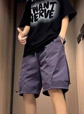 夏季薄款机能风工装短裤男潮牌大口袋宽松紫色速干休闲直筒五分裤