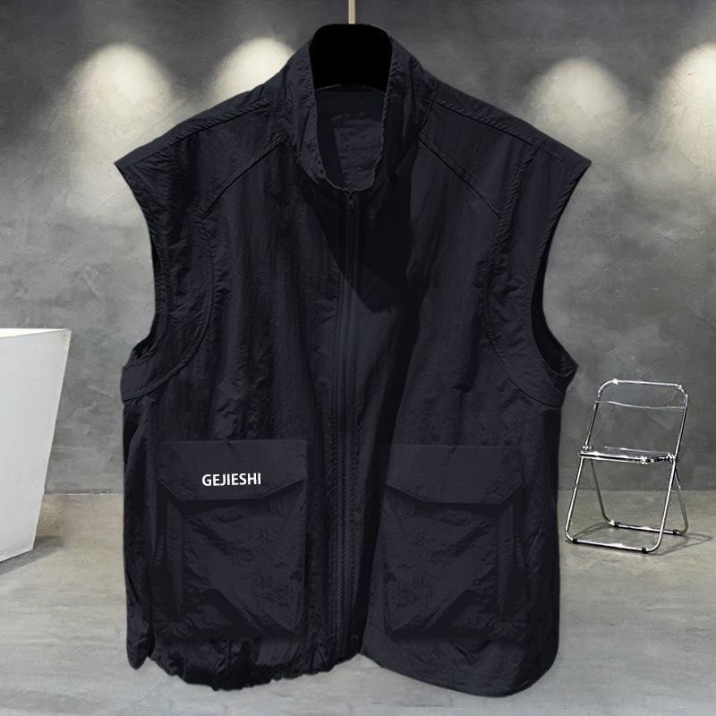 潮牌无袖背心立领拉链工装口袋