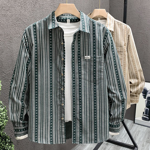 高级感竖条纹衬衫外套男春秋装新款纯棉日系长袖衬衣复古潮牌上衣