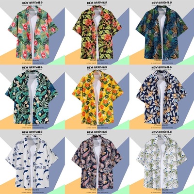 翻领+短袖+印花+宽松+沙滩衬衫