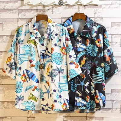 潮牌尖领短袖沙滩花衬衫防晒衬衣