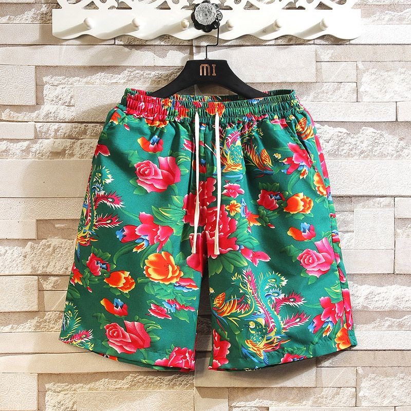 沙滩短裤男夏季薄款大裤衩中国风复古东北大花裤子休闲宽松五分裤