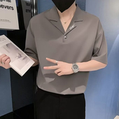 T恤男衬衫 夏季 冰丝古巴领寸衫 痞帅短袖 潮牌高级感V领发型师POLO衫