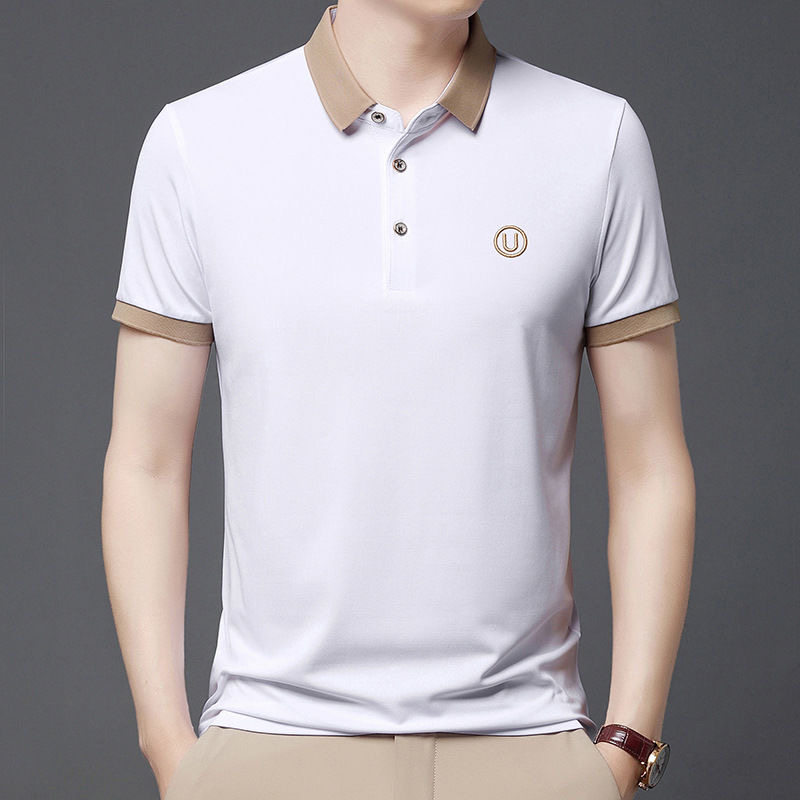 EUROPEAN STATION FASHION BRAND LAPEL POLO SHIRT MENS YOUTH SIMPLE ICE SILK EMBROIDERY COLLARED SHORT SLEEVE T-SHIRT LIGHT LUXURY MENS T