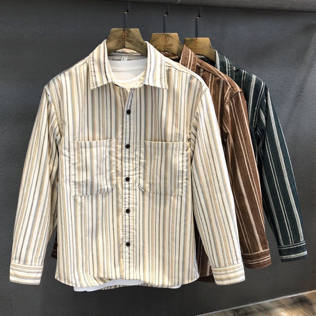潮牌翻领长袖条纹复古衬衫外套
