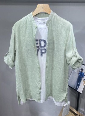 ins新款夏季薄款透气亚麻立领衬衫男七分袖宽中袖休闲痞帅衬衣潮