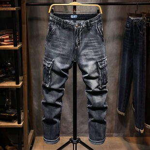 宽松粗腿工装牛仔裤男潮流多口袋六兜阔腿直筒裤复古耐脏耐磨长裤