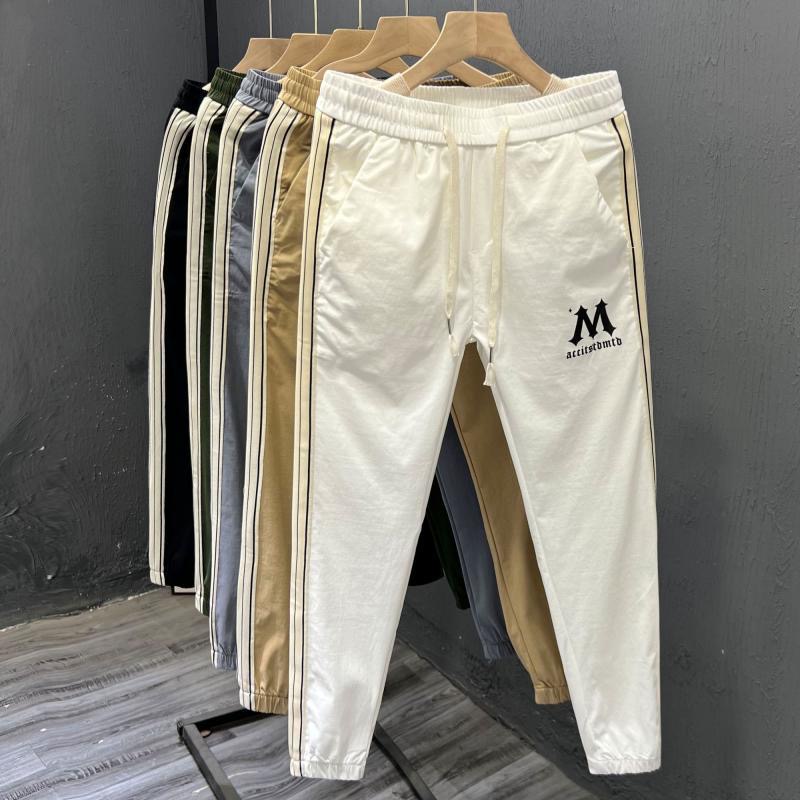 夏季超薄冰丝柔软条纹织带束脚休闲裤男2024款修身运动速干九分裤