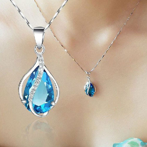Necklace Aqua Heart Drop Pendant Elegant Pear Shaped