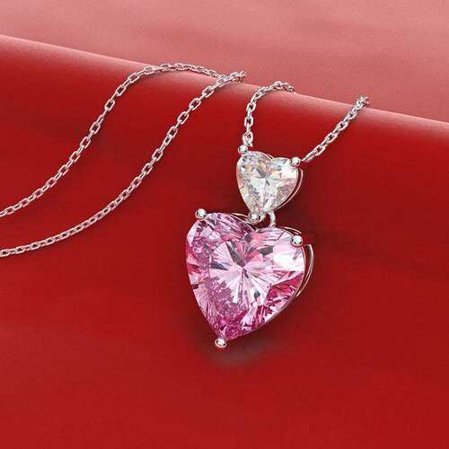 Korean Style Double Heart Pink Diamond Women's Necklace