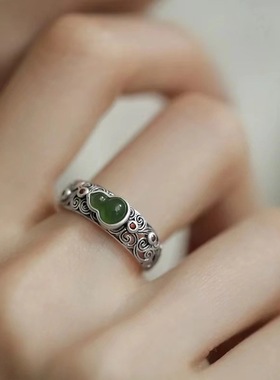 日系Cherry Kitty碧玉祥云葫芦戒指女款小众复古国风宫廷可调节