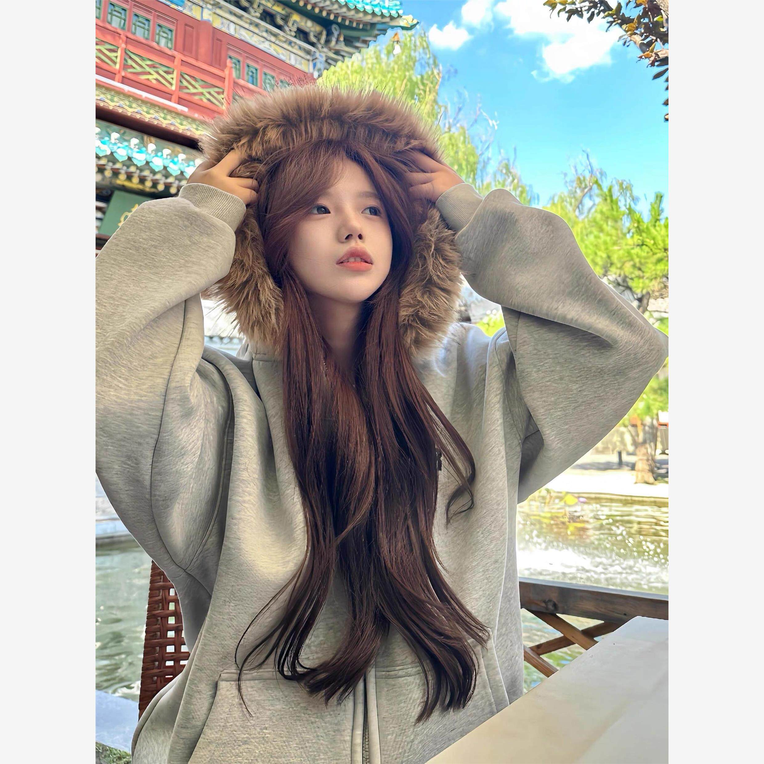 美式覆古毛领开衫连帽加绒卫衣女秋冬重磅情侣款休闲宽松拉炼外套