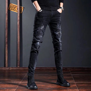 小脚青年弹力流行百搭休闲裤 秋冬季 男高端潮流修身 刺绣牛仔裤 新款