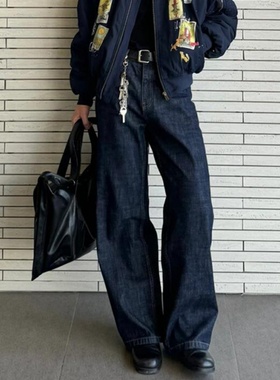 美式vibe复古蓝色基础深黑蓝弯刀牛仔裤男直筒宽松阔腿拖地裤潮流