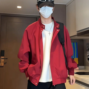 红色立领哈灵顿夹克男秋冬新款 潮牌棒球服 城市机能冲锋衣外套美式