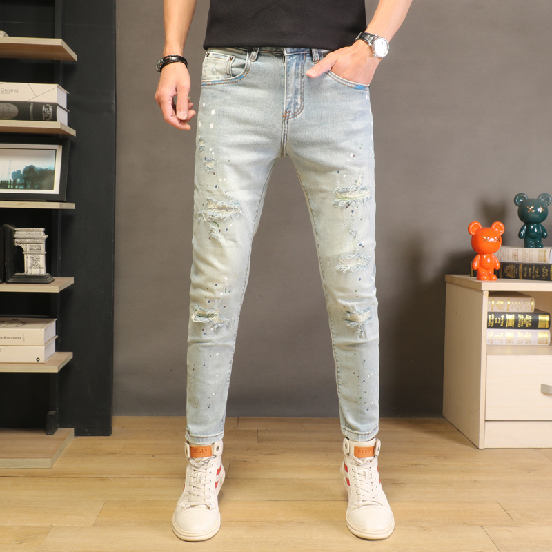 泼墨破洞浅色牛仔裤男修身小脚裤