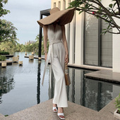 2020秋装 女 复古收腰气质显瘦阔腿挂脖露肩黑色连体长裤 新款 法式