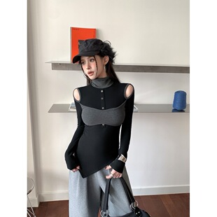 撞色高领长袖T恤女黑色镂空新款显瘦时尚气质高级感上衣辣妹风潮