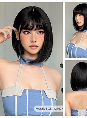 欧美齐刘海粽黑色波波头短发全头套假发女 brown black short wig